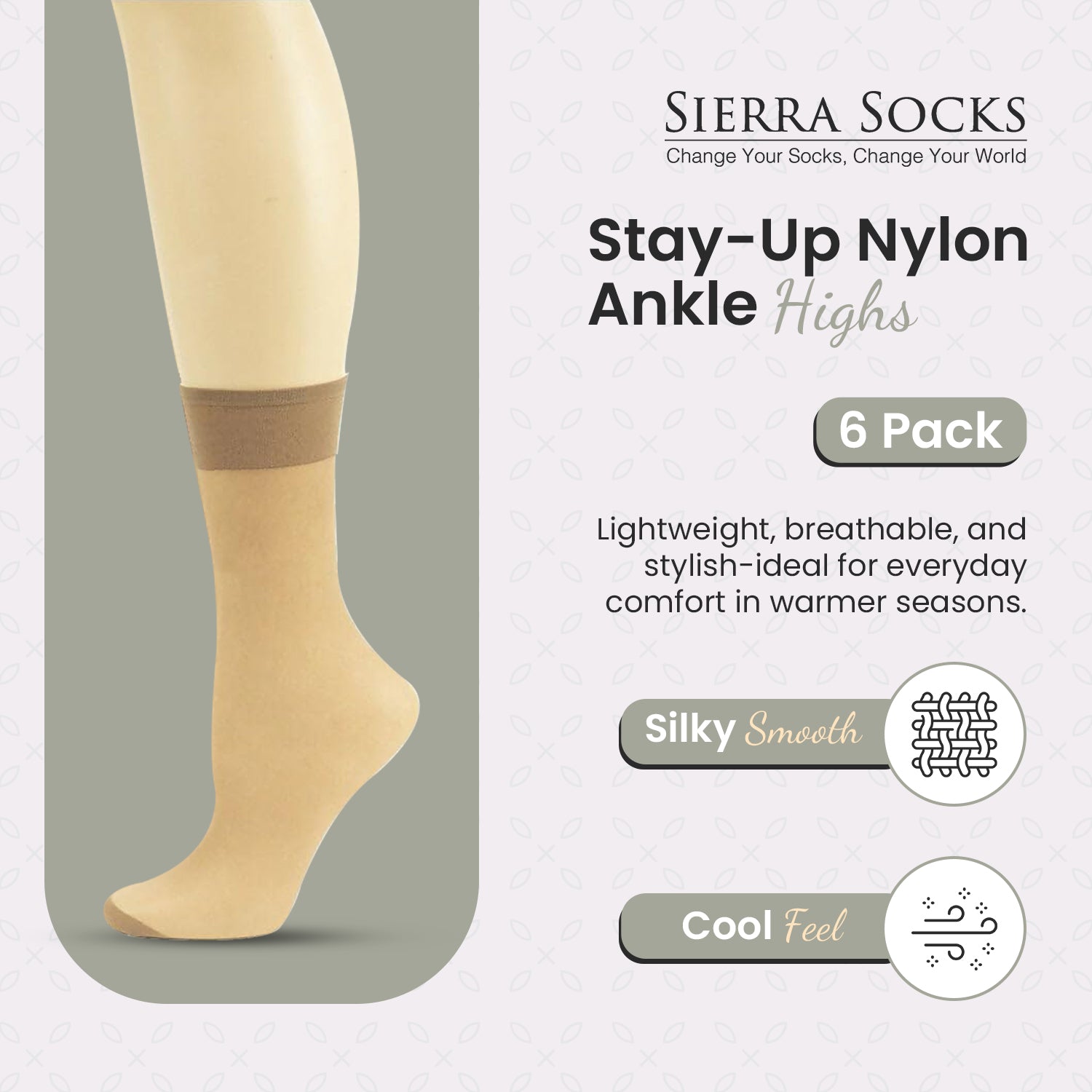 Women's Stay-Up Nylon Ankle Highs Regular and Queen Sizes in 6-Pair Packs