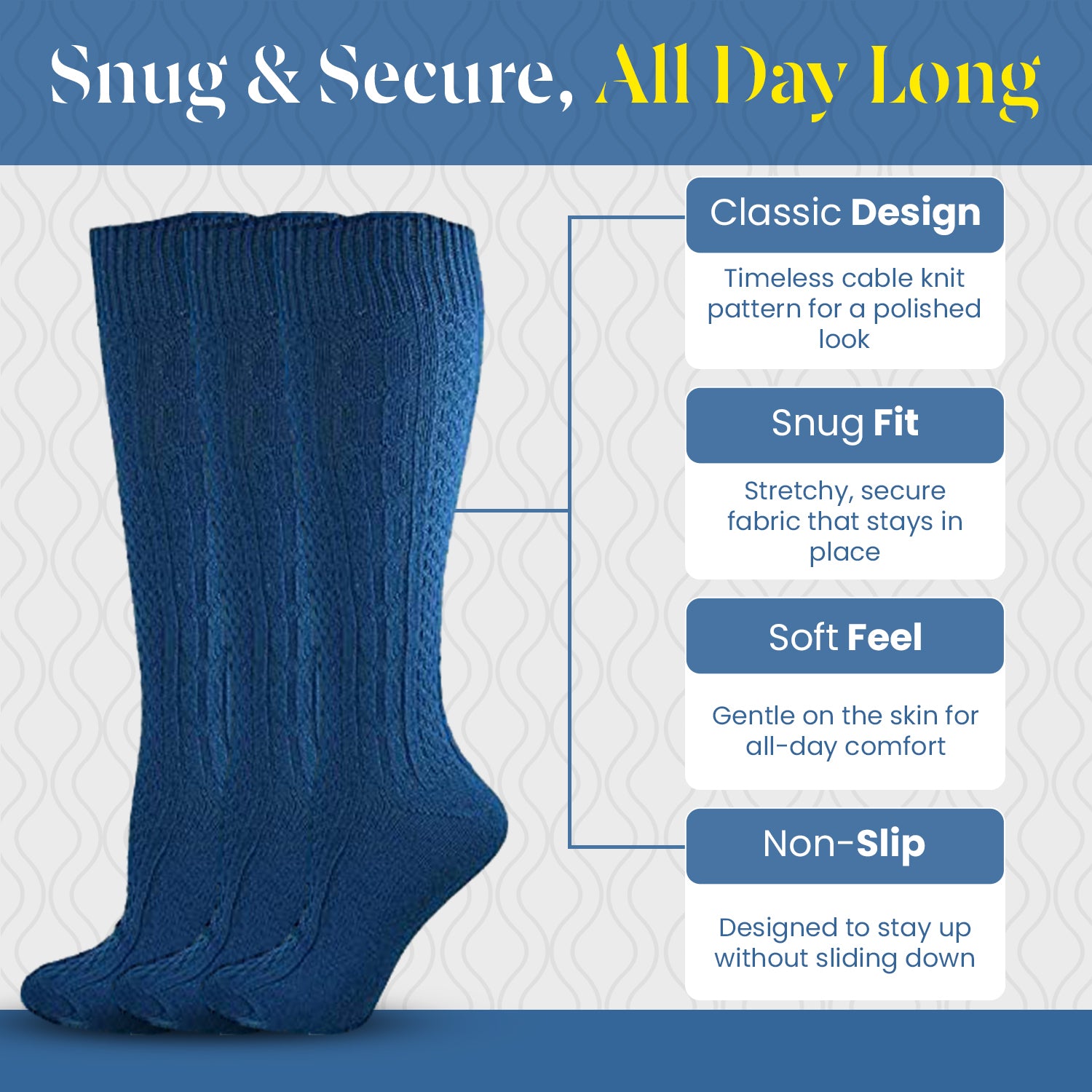 Classic Cable Knit Acrylic Knee High Socks 3 Pair Packs
