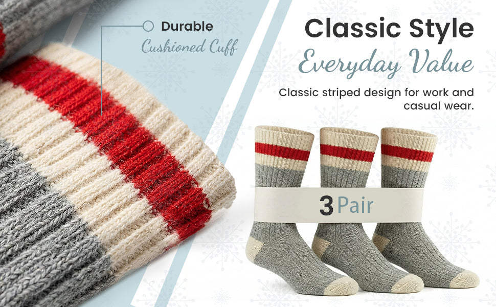 Wool Striped Boot Work Men's 3 Pair Pack Socks