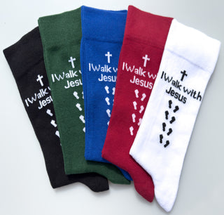 Comprar 5-colors-blk-grn-red-bl-wh Inspirational Socks - for Men & Women in Combed Cotton "I Walk with Jesus" Motto