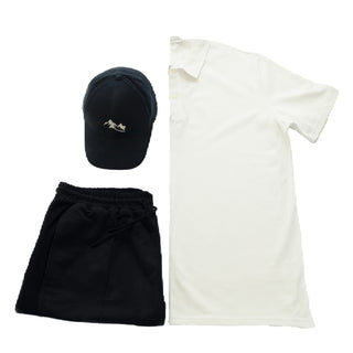 Comprar white-shirt-black-hat-black-shorts Polo T-Shirt, Bermuda Short and Hat Set (3-Piece)