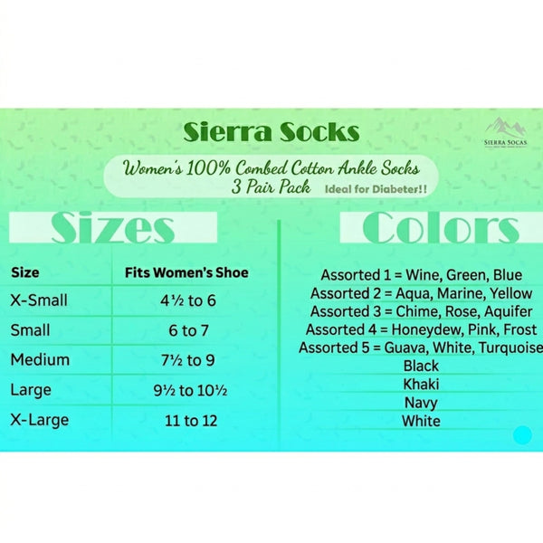 Women's 100% Combed Cotton Socks, Thin, Loose, Ankle Turn Cuff 3 Pair Pack