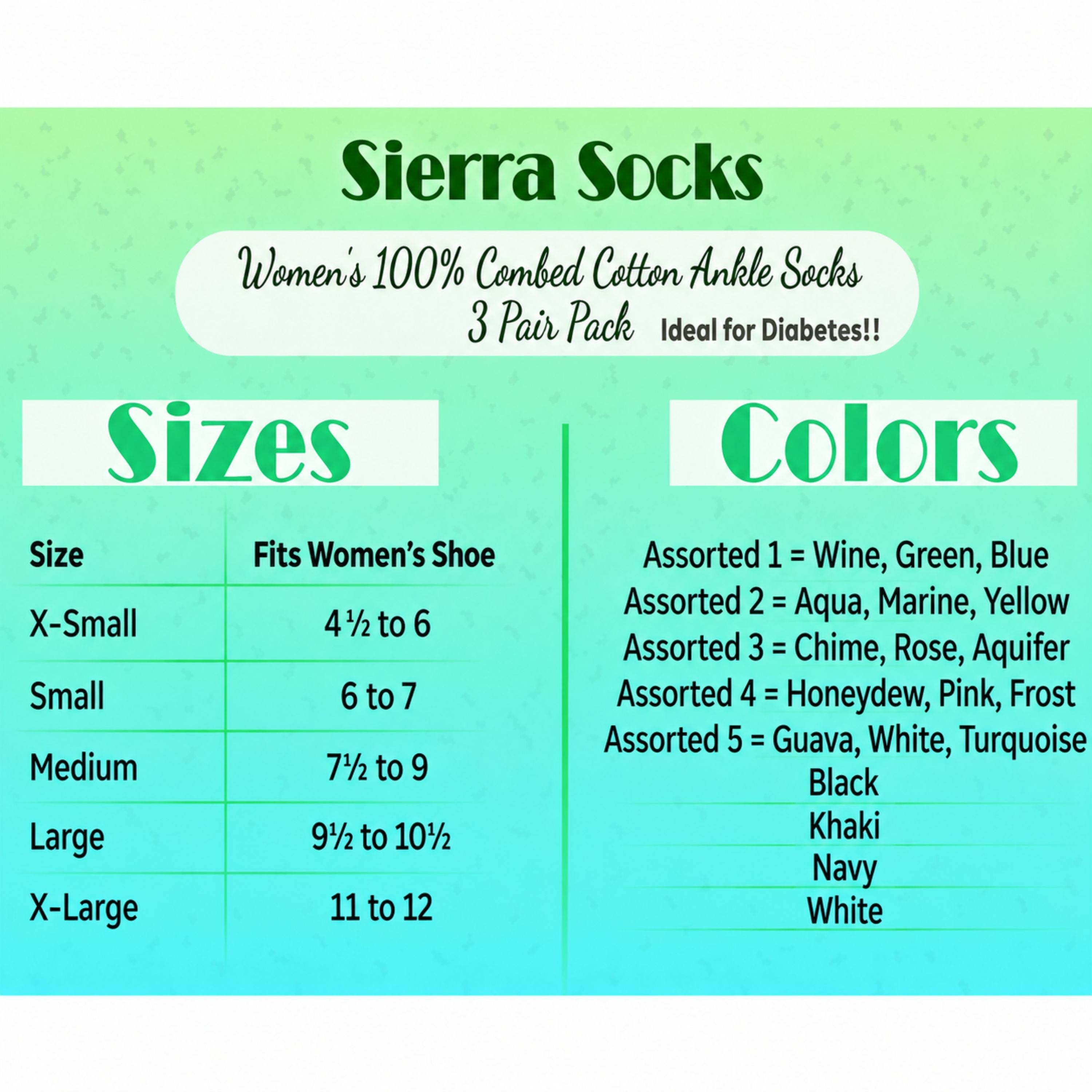 Women's 100% Combed Cotton Socks, Thin, Loose, Ankle Turn Cuff 3 Pair Pack
