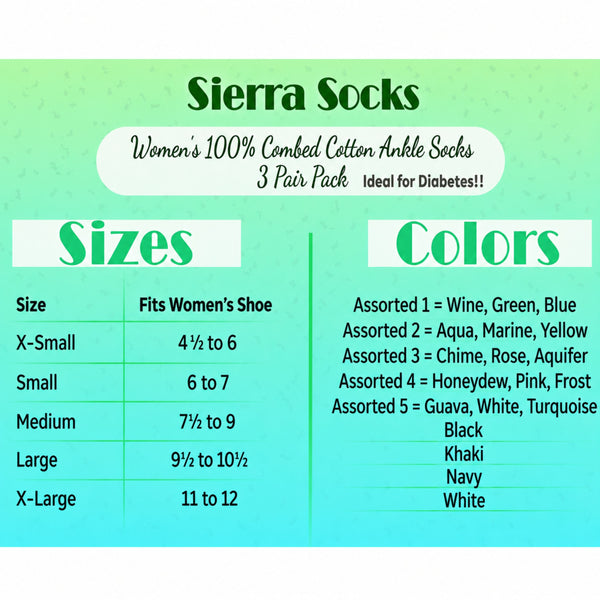 Women's 100% Combed Cotton Socks, Thin, Loose, Ankle Turn Cuff 3 Pair Pack