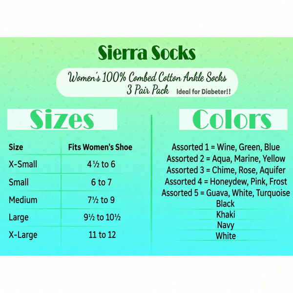 Women's 100% Combed Cotton Socks, Thin, Loose, Ankle Turn Cuff 3 Pair Pack
