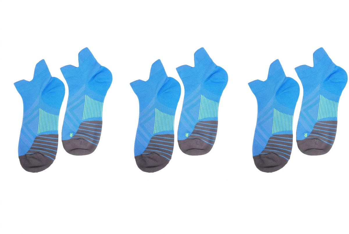 Three pairs of blue no-show ankle compression socks