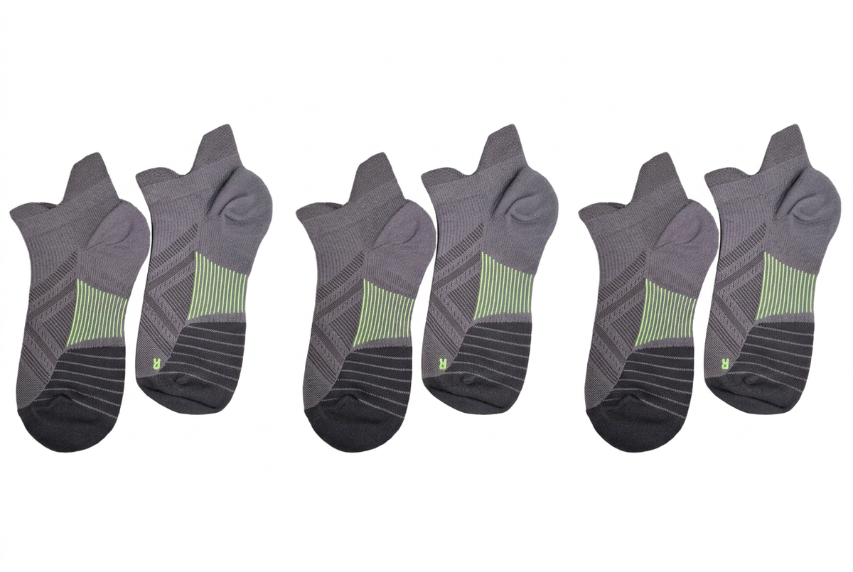 Three pairs of black no-show ankle compression socks