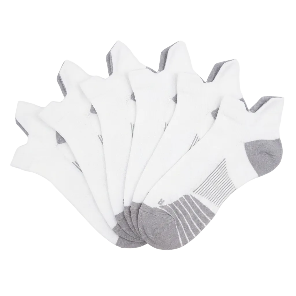 White no-show compression socks in an overlapping fan arrangement