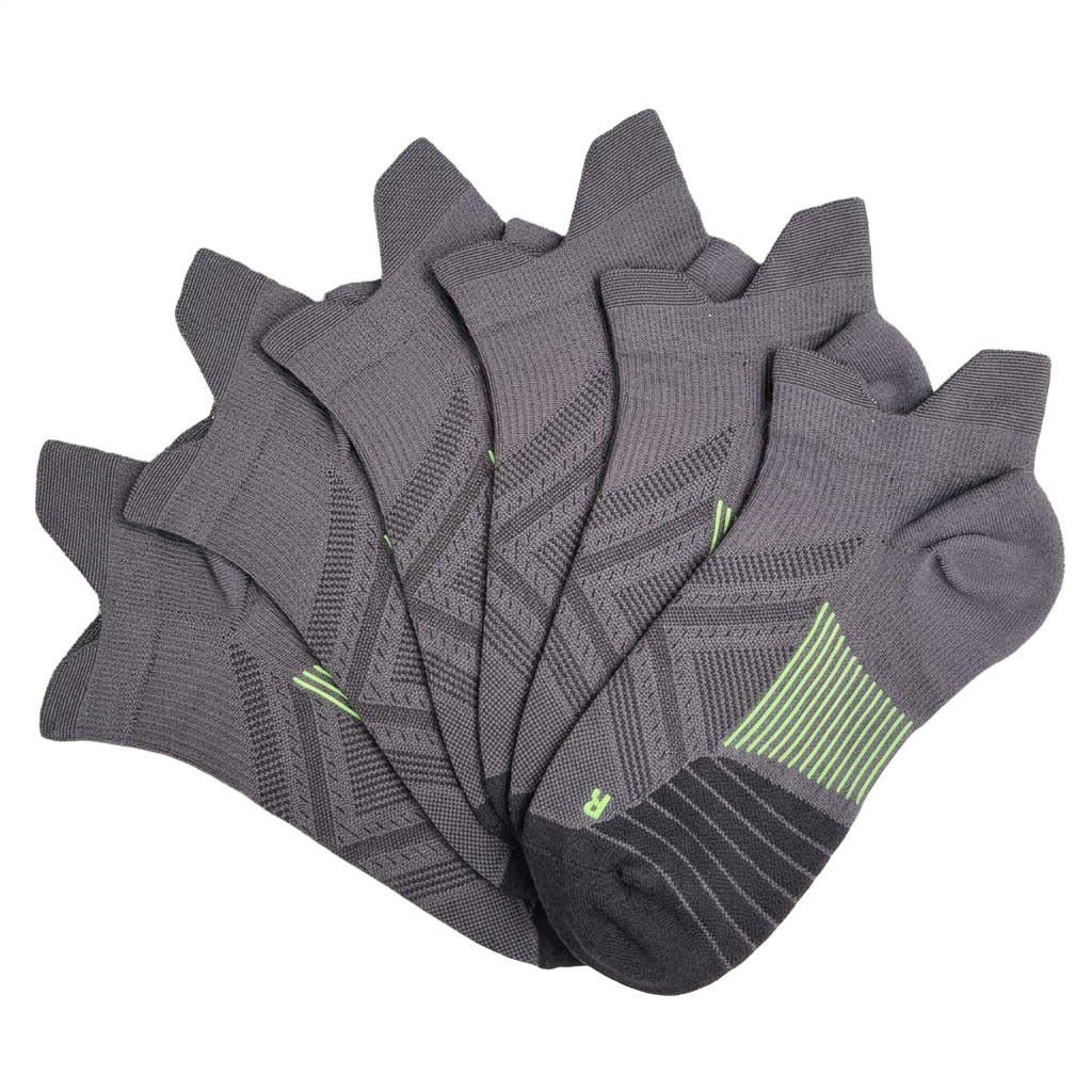 Black no-show compression socks in a fan arrangement, revised image