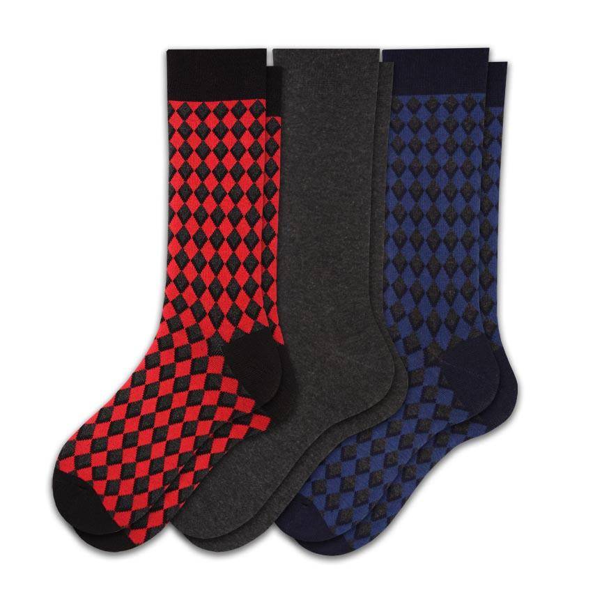 Dress Casual Combed Cotton Crew Diamond Pattern 3 Pair Pack Socks M6800