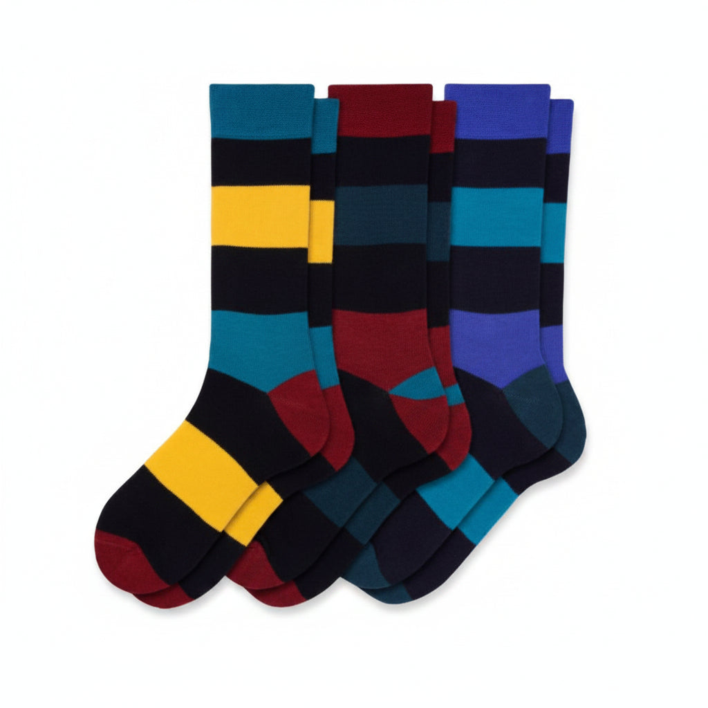 Combed Cotton Colorful Rugby Striped Patterned Men's 3 Pr. Pack Socks