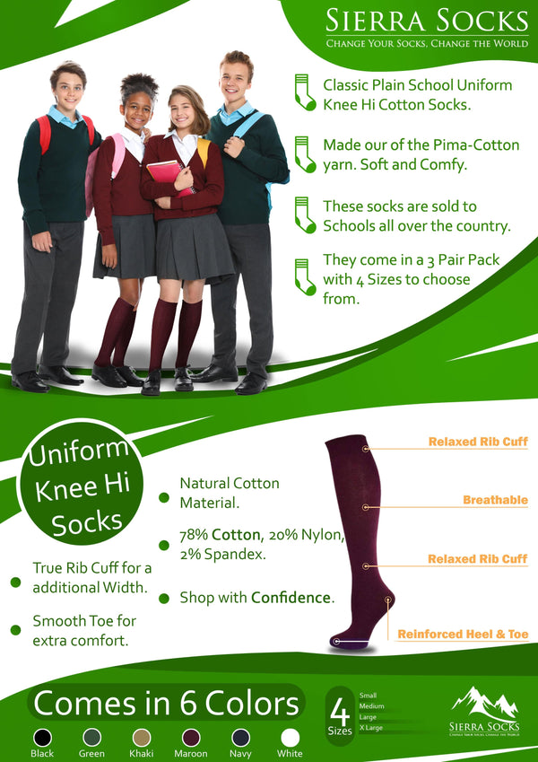 Classic Flat Knit Combed Cotton Knee High Socks 3 pair pack Women
