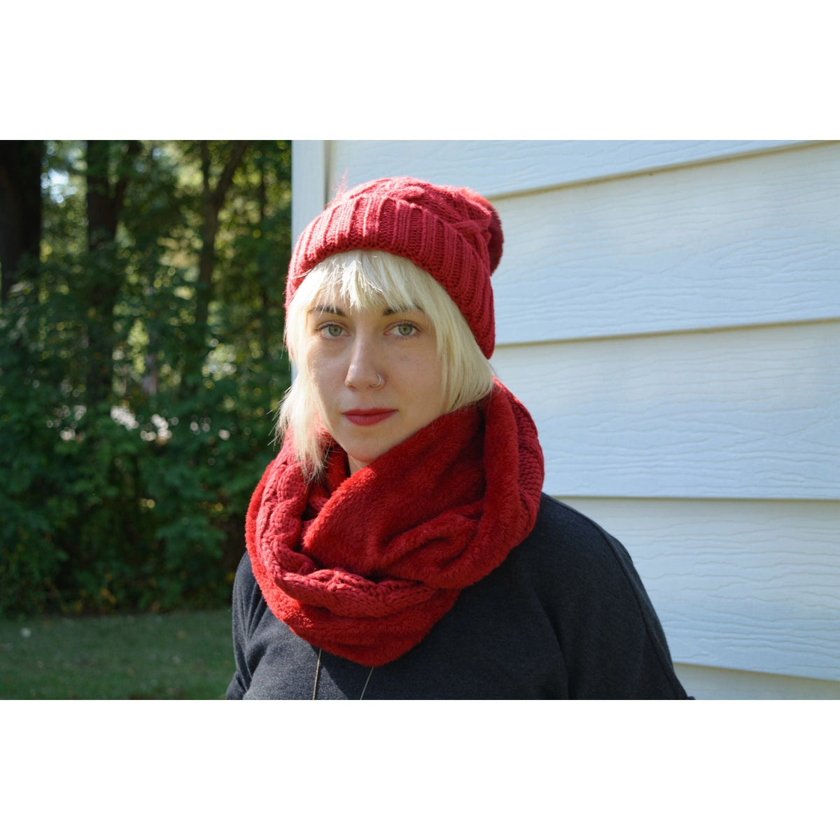 Fur Lined Beanie Pom Pom Hat and Scarf Set