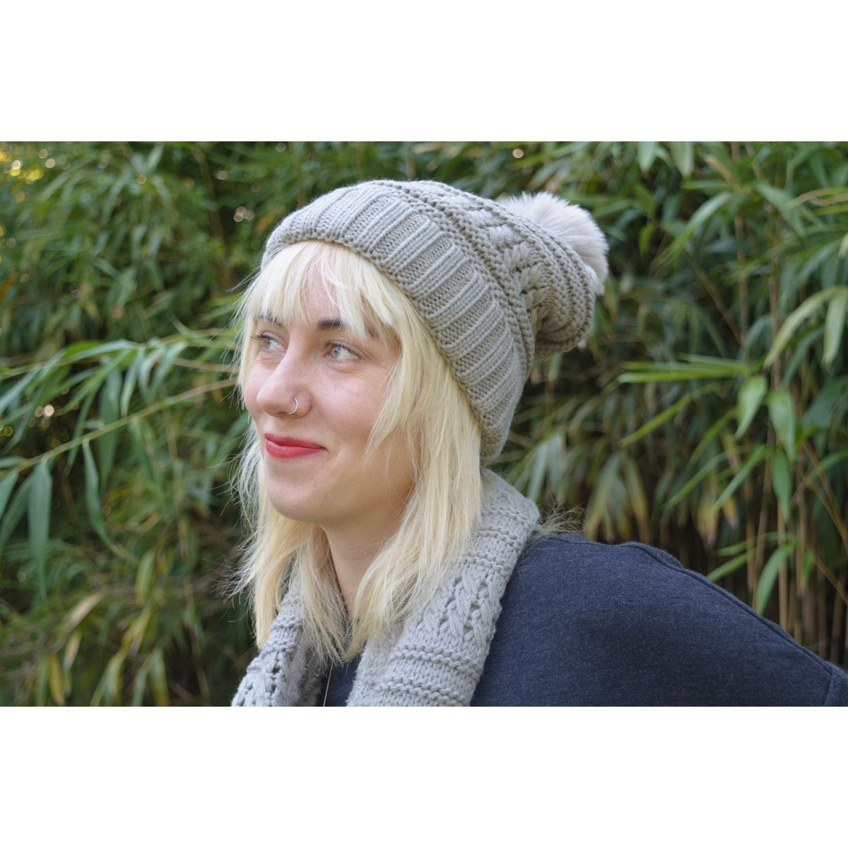 Fur Lined Beanie Pom Pom Hat and Scarf Set