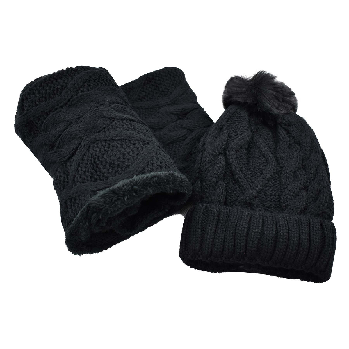 Fur Lined Beanie Pom Pom Hat and Scarf Set