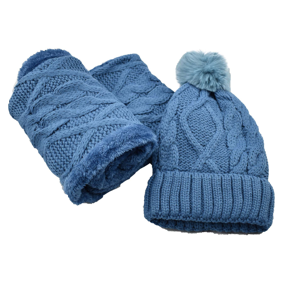 Fur Lined Beanie Pom Pom Hat and Scarf Set