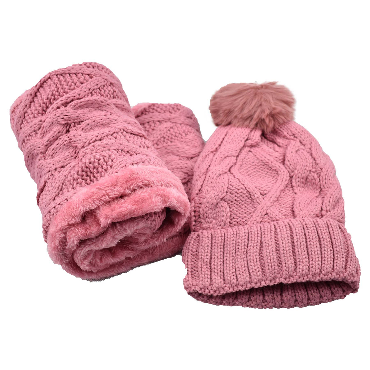 Fur Lined Beanie Pom Pom Hat and Scarf Set