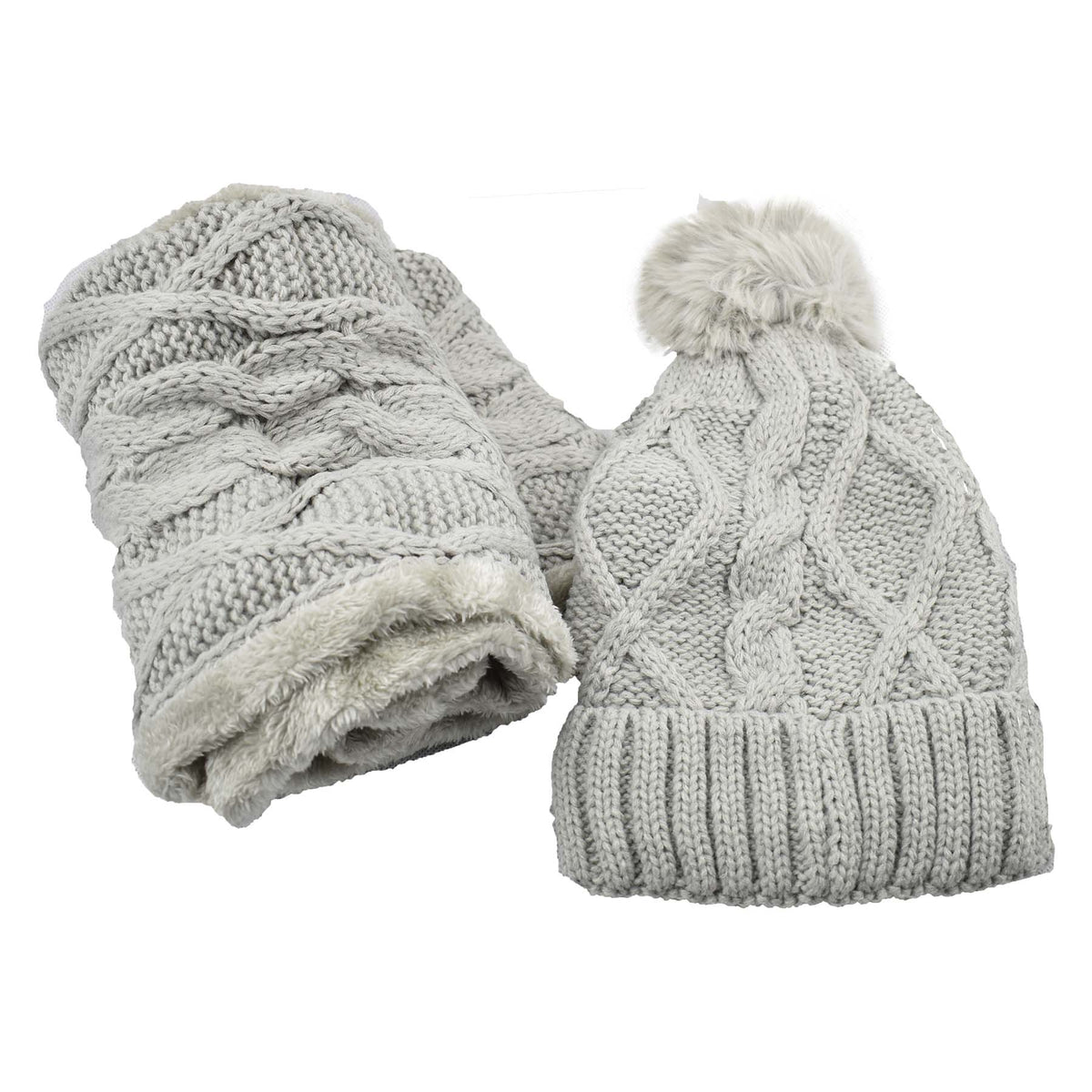 Fur Lined Beanie Pom Pom Hat and Scarf Set