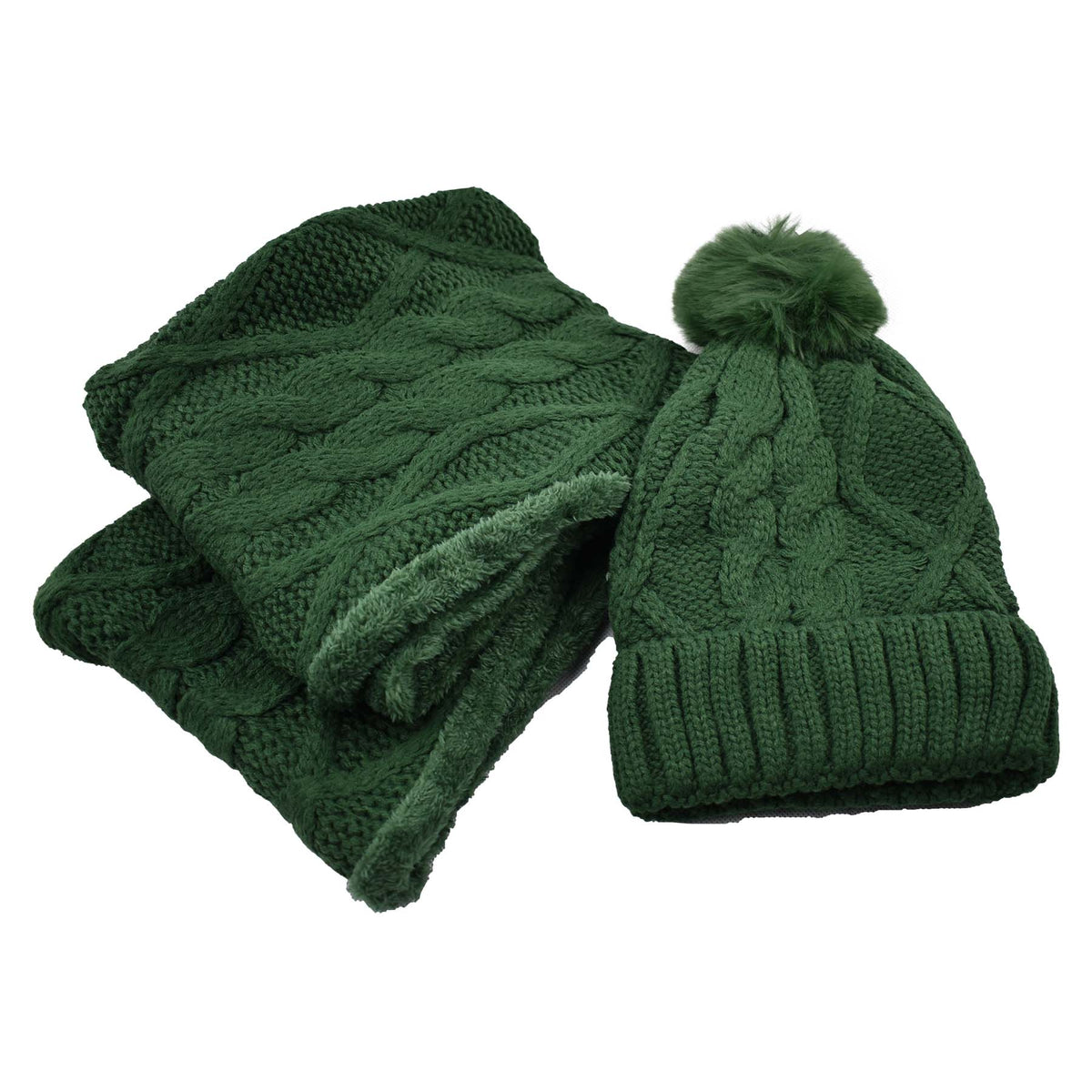 Fur Lined Beanie Pom Pom Hat and Scarf Set