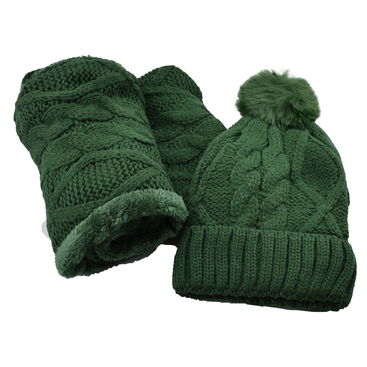 Fur Lined Beanie Pom Pom Hat and Scarf Set