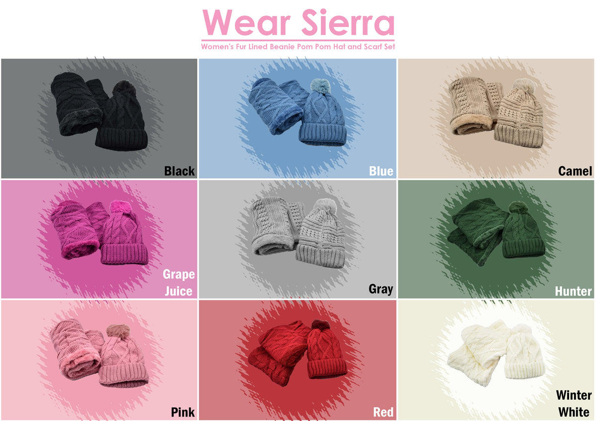 Fur Lined Beanie Pom Pom Hat and Scarf Set