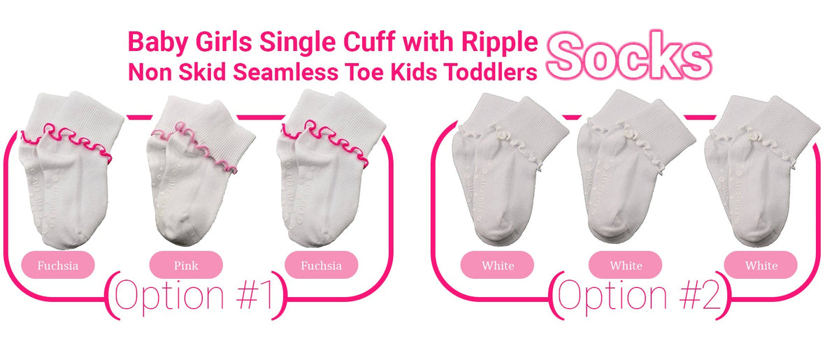 Girls Cotton Lettuce Ruffle Ripple Edge Turn Cuff Non Skid Seamless Toe 3 Pair Pack