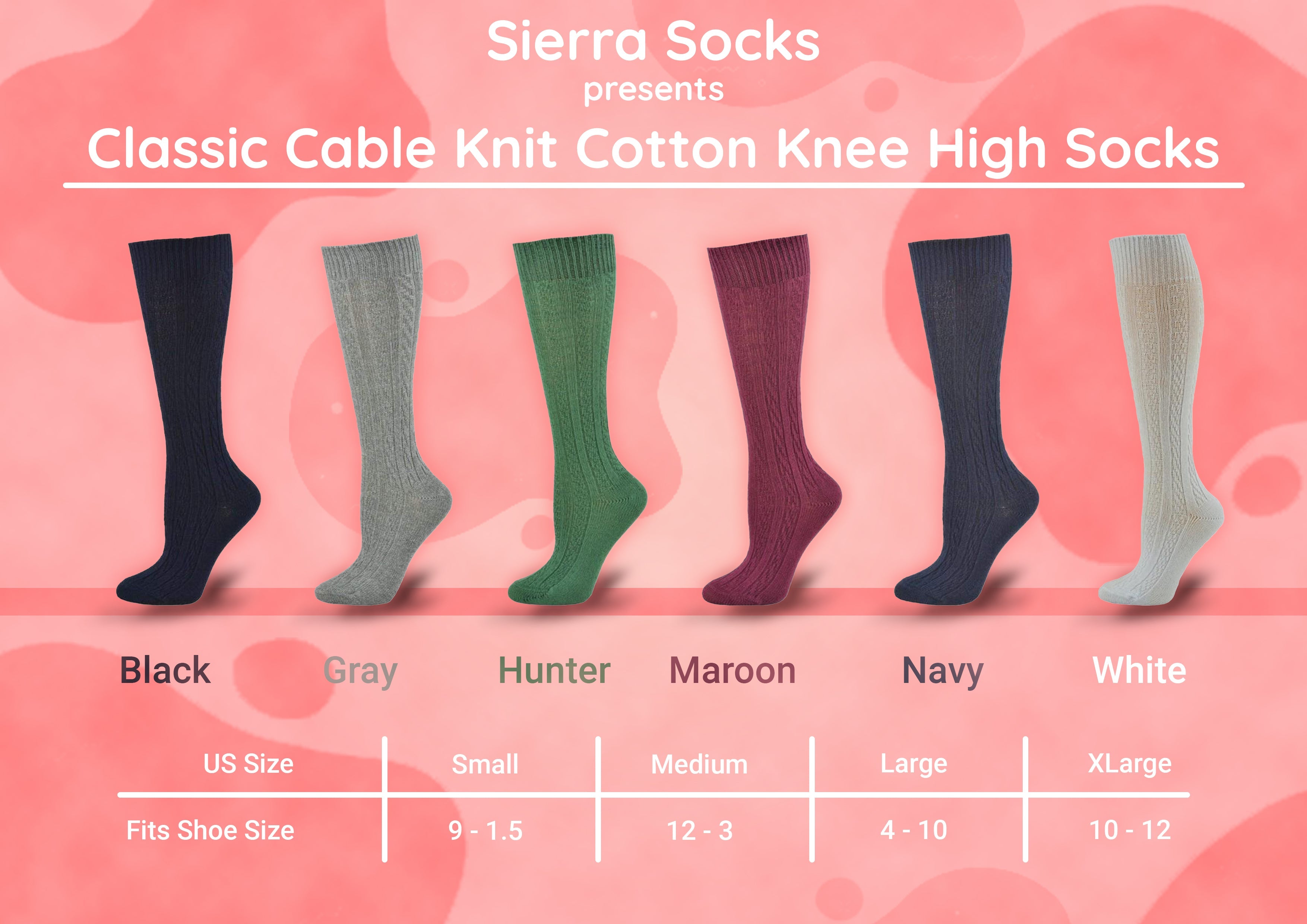 Classic Cable Knit Cotton Knee High Socks 3 Pair Pack
