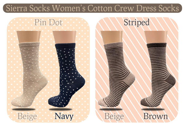 women's dress socks Women's Cotton Crew Stripped and Pin Dot Dress Socks Beige (Pin Dot)