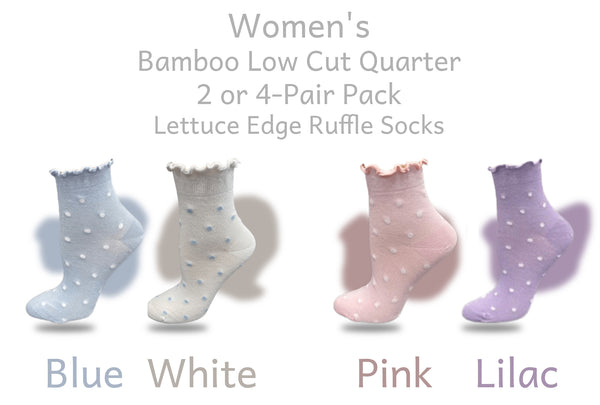 Women's Bamboo Low Cut Quarter 4-Pair Pack Lettuce Edge Ruffle Socks