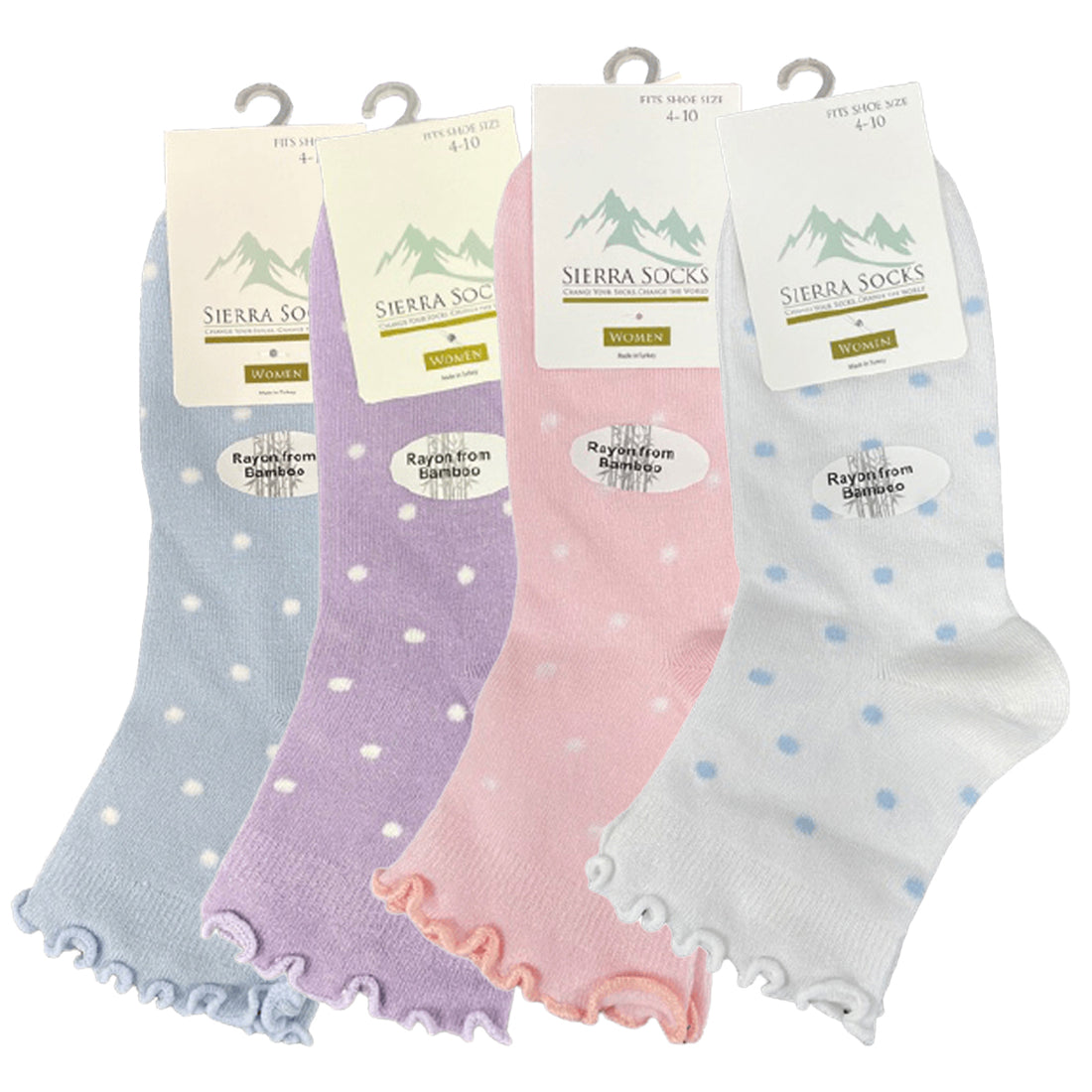 Women's Bamboo Low Cut Quarter 4-Pair Pack Lettuce Edge Ruffle Socks